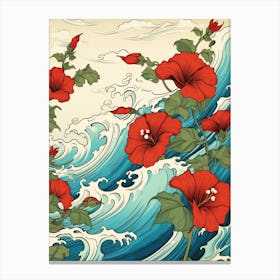 Great Wave With Morning Glory Flower Drawing In The Style Of Ukiyo E 1 Canvas Print