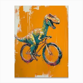 Orange Blue Dinosaur Riding A Bike 1 Canvas Print