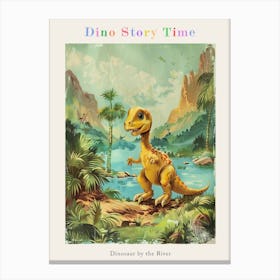 Vintage Cute Dinosaur By The River Painting Poster Canvas Print