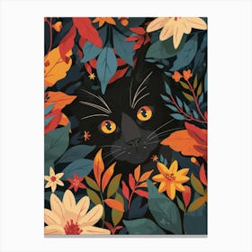 Black Cat In Autumn Leaves Canvas Print