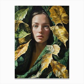 Girl Surrounded By Leaves Canvas Print