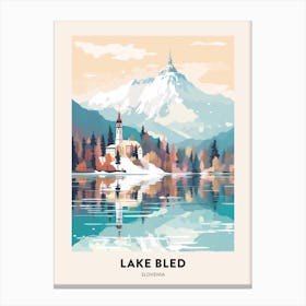 Vintage Winter Travel Poster Lake Bled Slovenia 3 Canvas Print