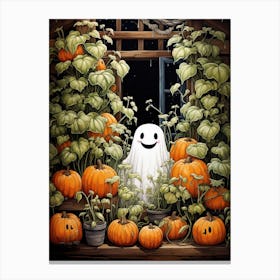 Cute Bedsheet Ghost, Botanical Halloween Watercolour 142 Canvas Print