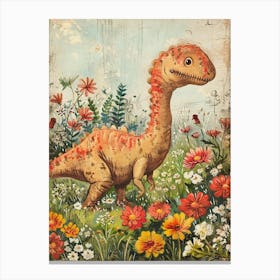 Dinosaur In A Floral Meadow Vintage Storybook Painting 3 Canvas Print