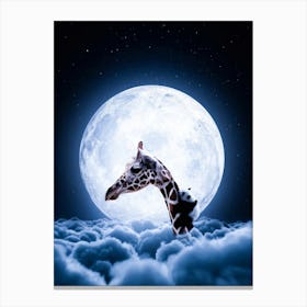 Giraffe And Cute Baby Panda And Full Moon Canvas Print