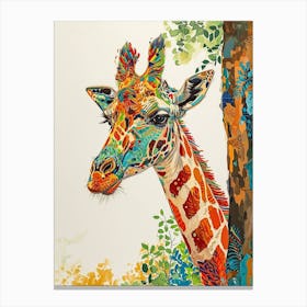 Colourful Giraffe Against The Tree Bark 1 Canvas Print