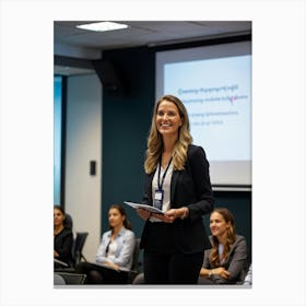 Businesswoman Exuding Confidence Stands At The Forefront Of A Well Attended Training Seminar Audien 2 1 Canvas Print