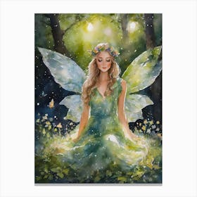 Watercolour Fairy in the Forest - Green Pretty Fairy Wings Sparkling Fairylights Enchanting Magical Fairytale Art Beautiful Lights Feature Fairycore Cottagecore HD Canvas Print
