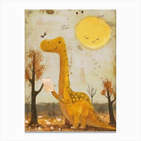 Cute Dinosaur Reading A Letter Mustard Canvas Print