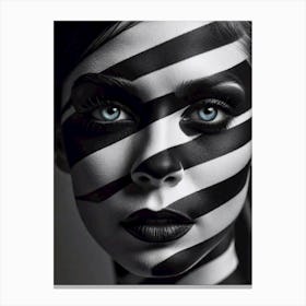 Stripes of Perception: Black And White Foto Portrait Of A Woman Canvas Print