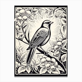 B&W Bird Linocut Cedar Waxwing 2 Canvas Print