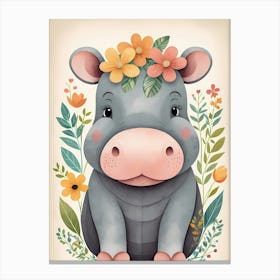 Floral Baby Hippo Nursery Illustration (18) Canvas Print