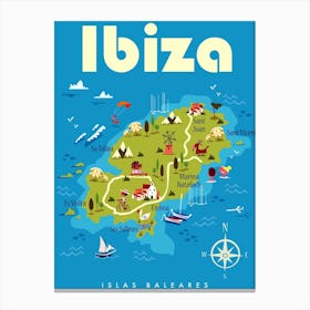 Ibiza Map Poster Green & Blue Canvas Print