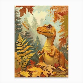 Dinosaur In The Autumnal Leaves Vintage Storybook Style Canvas Print