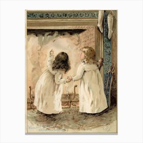 Two Little Girls By The Fireplace Canvas Print