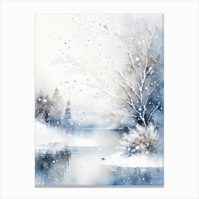 Snowflakes Falling By A Lake, Snowflakes, Storybook Watercolours 1 Canvas Print