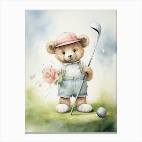 Golf Teddy Bear Painting Watercolour 2 Canvas Print