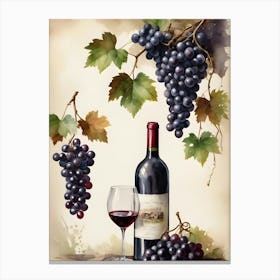 Vines,Black Grapes And Wine Bottles Painting (20) Canvas Print