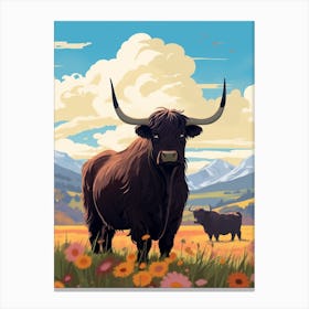 Two Black Bulls In The Floral Highlands Field Canvas Print