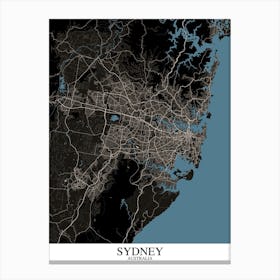 Sydney Black Blue Map Canvas Print