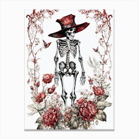 Floral Skeleton With Hat Ink Painting (33) Canvas Print