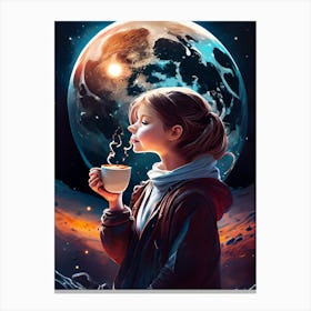 Girl Enjoying Coffee Under Planetary Glow Canvas Print