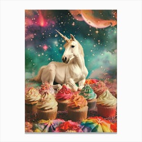 Unicorn In Space With Retro Rainbow Cupcakes Canvas Print