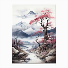 The Japanese Alps In Multiple Prefectures, Japanese Brush Painting, Ukiyo E, Minimal 3 Canvas Print