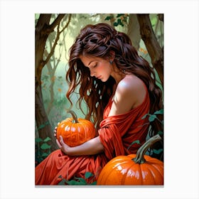 Girl With Pumpkins Canvas Print