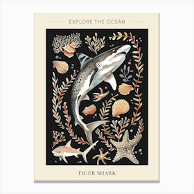Tiger Shark Seascape Black Background Illustration 1 Poster Canvas Print