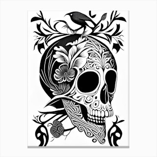 Skull With Bird Motifs Black And White 2 Line Drawing Canvas Print