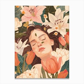 Sleepy Girl With Flowers Canvas Print