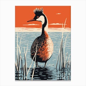 Vintage Bird Linocut Grebe 3 Canvas Print