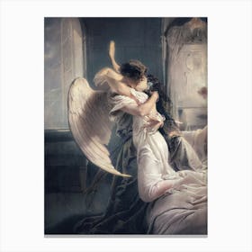 Mihály Von Zichy - Romantic Encounter (1864) Psyche Cupid - Hungarian Artist Oil Painting 'The Kiss' Renaissance Valentines The Lovers Ancient Vintage Dark Aesthetic Beautiful Angel in Love With Human Mythology Artwork Remastered HD 1 Canvas Print