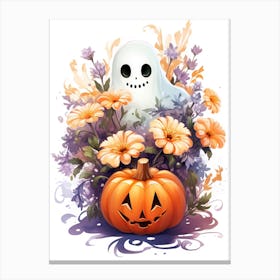 Cute Ghost With Pumpkins Halloween Watercolour 70 Canvas Print