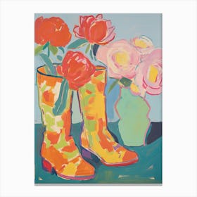 Painting Of Red Flowers And Cowboy Boots, Oil Style 7 Canvas Print