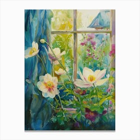 Anemone Flowers On A Cottage Window 1 Canvas Print