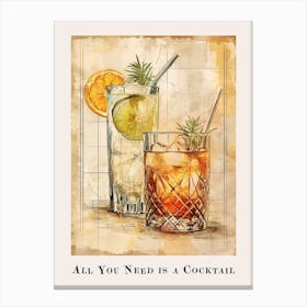 All You Need Is A Cocktail Watercolour Poster Canvas Print