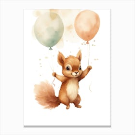 Baby Squirrel Flying With Ballons, Watercolour Nursery Art 1 Canvas Print