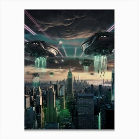 Alien Spaceships In New York City Canvas Print