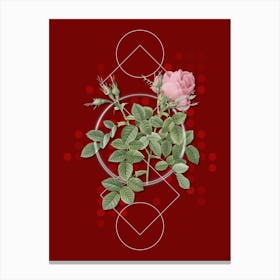 Vintage Dwarf Damask Rose Botanical with Geometric Line Motif and Dot Pattern Canvas Print