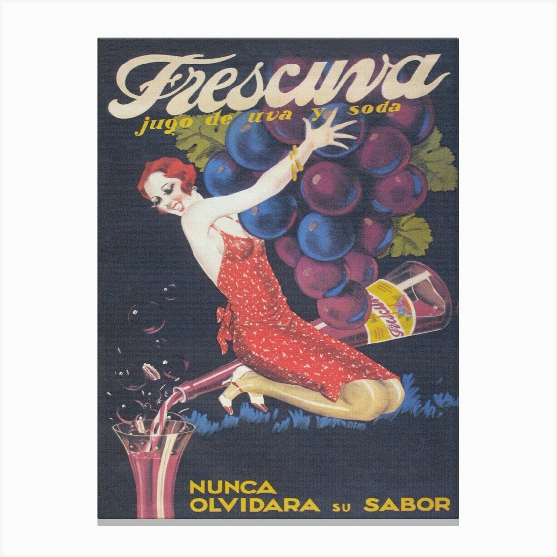 Red Wine Vintage Poster, Bar Cart Decor, Woman and Bottle of Red Wine, Whimsical Vintage Advertisement Art Canvas Print by Vibrant Vintage