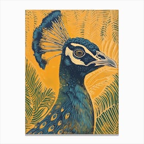 Blue Mustard Peacock With Tropical Leaves 3 Canvas Print