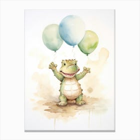 Baby Crocodile Flying With Ballons, Watercolour Nursery Art 2 Canvas Print