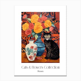 Cats & Flowers Collection Rose Flower Vase And A Cat, A Painting In The Style Of Matisse 5 Canvas Print