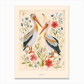 Folksy Floral Animal Drawing Pelican 2 Poster Canvas Print