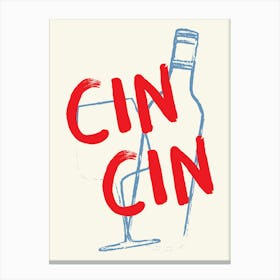 Red and Blue Cin Cin Hand Drawn Illustrated Kitchen Bar Cart Art Canvas Print
