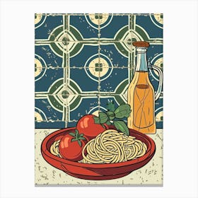 Tomatoes & Spaghetti On A Tiled Background Canvas Print