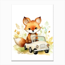 Baby Fox On Toy Car, Watercolour Nursery 1 Canvas Print