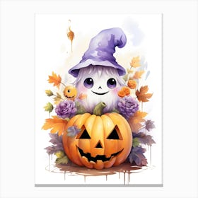 Cute Ghost With Pumpkins Halloween Watercolour 140 Canvas Print